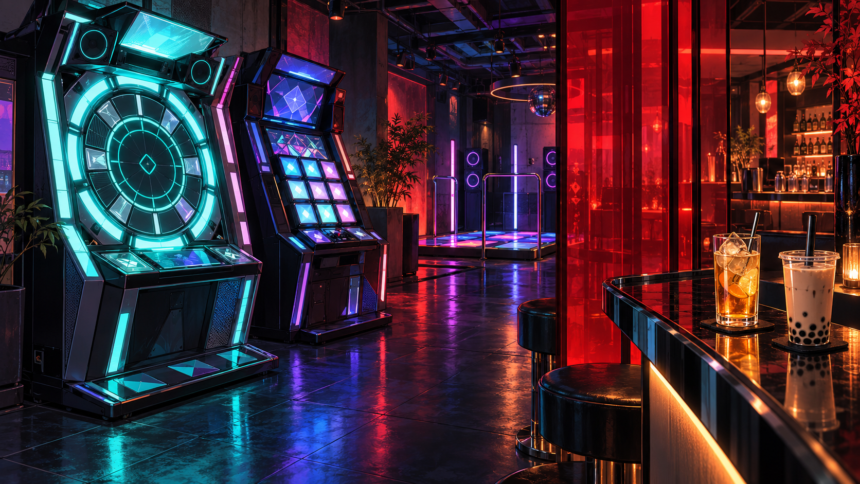 AI-generated illustration of a fictional neon-lit rhythm arcade with circular game controls, a dance platform and drinks on a bar ledge